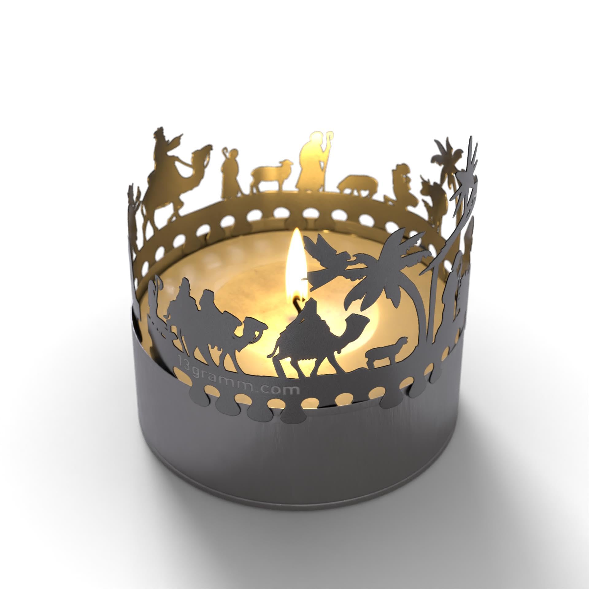 13Gramm Metallic Silver Crib Orient Candle Votive Gift, 3D Stainless Steel Attachment For A Tea Light Inclusive Greeting Card