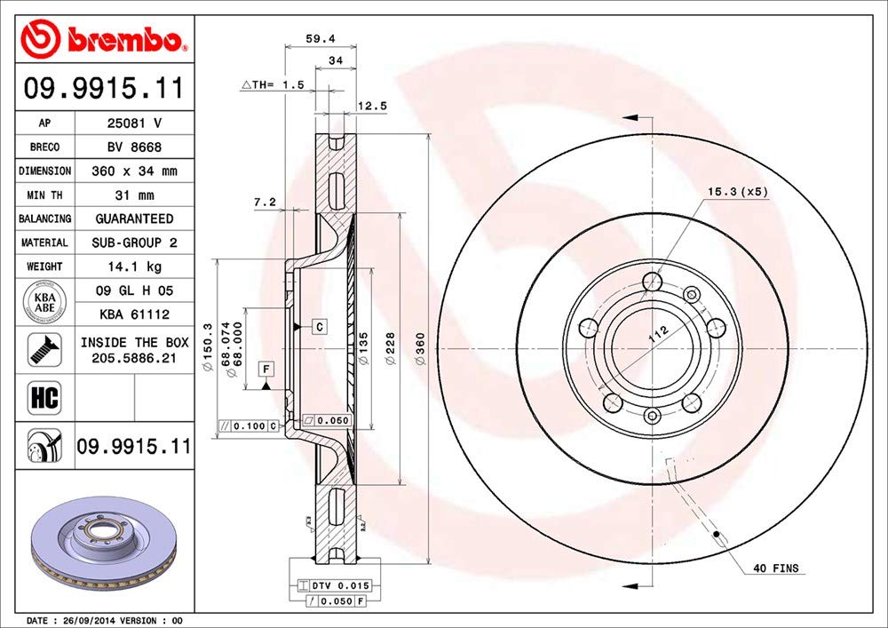 Brembo 09991511 Discos de Freno con Recubrimiento UV, Set de 2