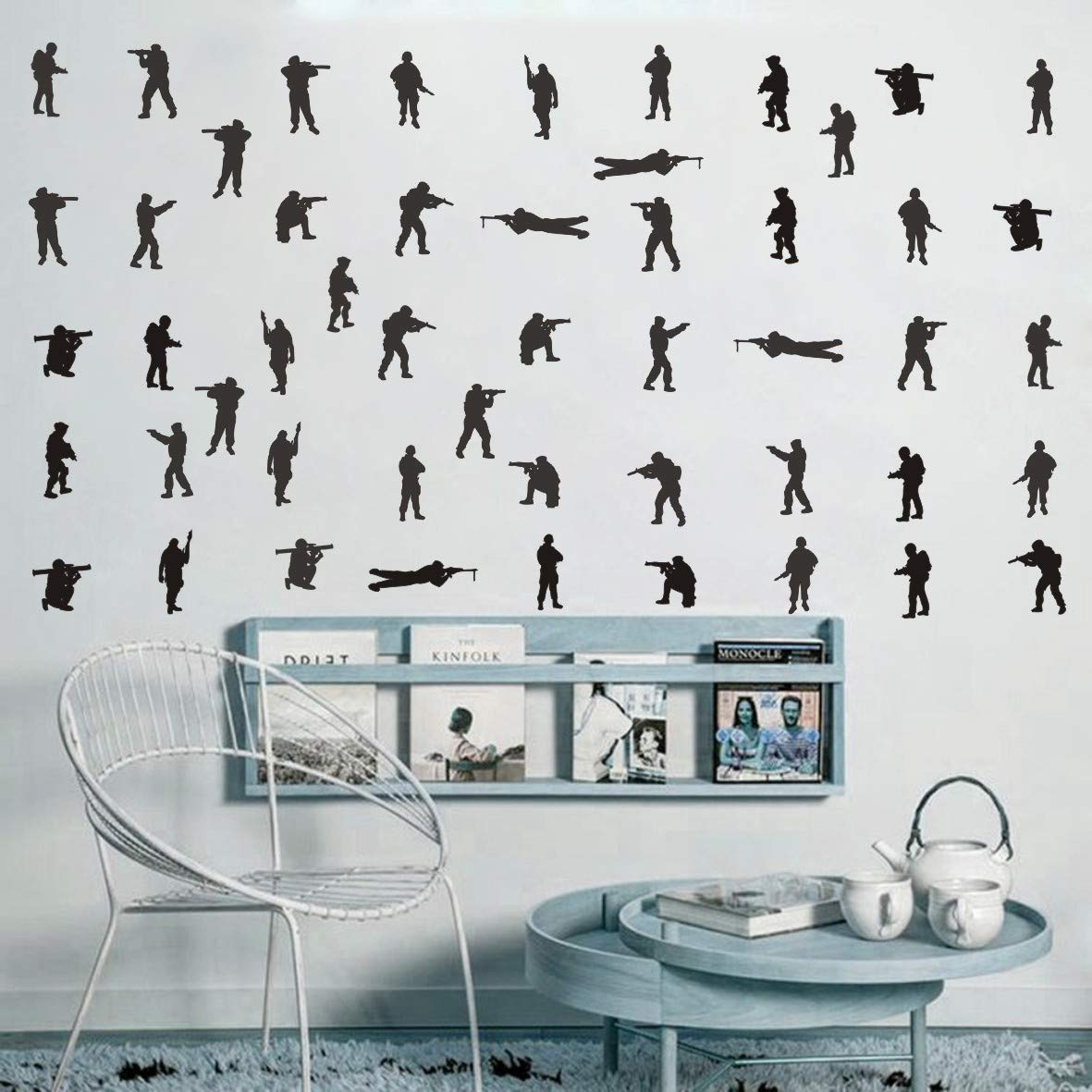 48PCS Military Wall Stickers for Boys Bedroom, Army Soldier Decals with Seals, Infantry, Snipers, Stormtroopers, Artillery Figures, Vinyl Removable Wall Art for Kids Room Decor AM158 (Black)