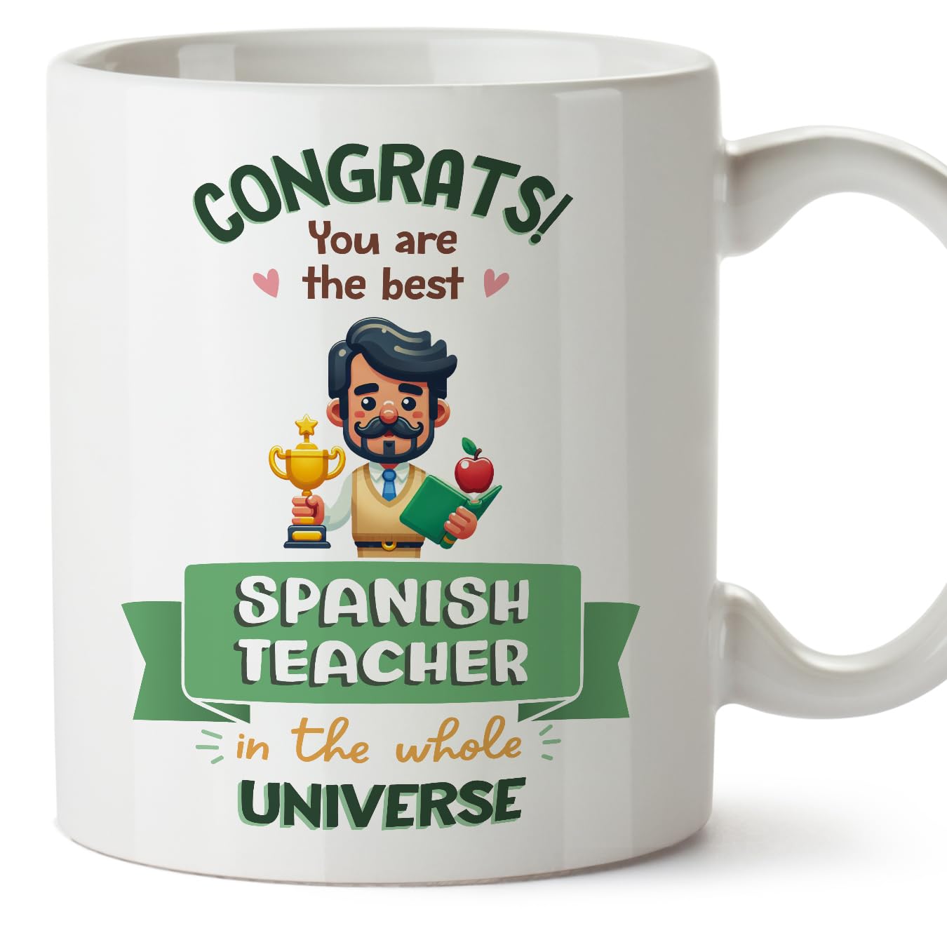 MUGFFINS Spanish Teacher Man Mug - in English - Best in Universe Trophy - Funny Gift for Colleagues - Ceramic 11oz Mug