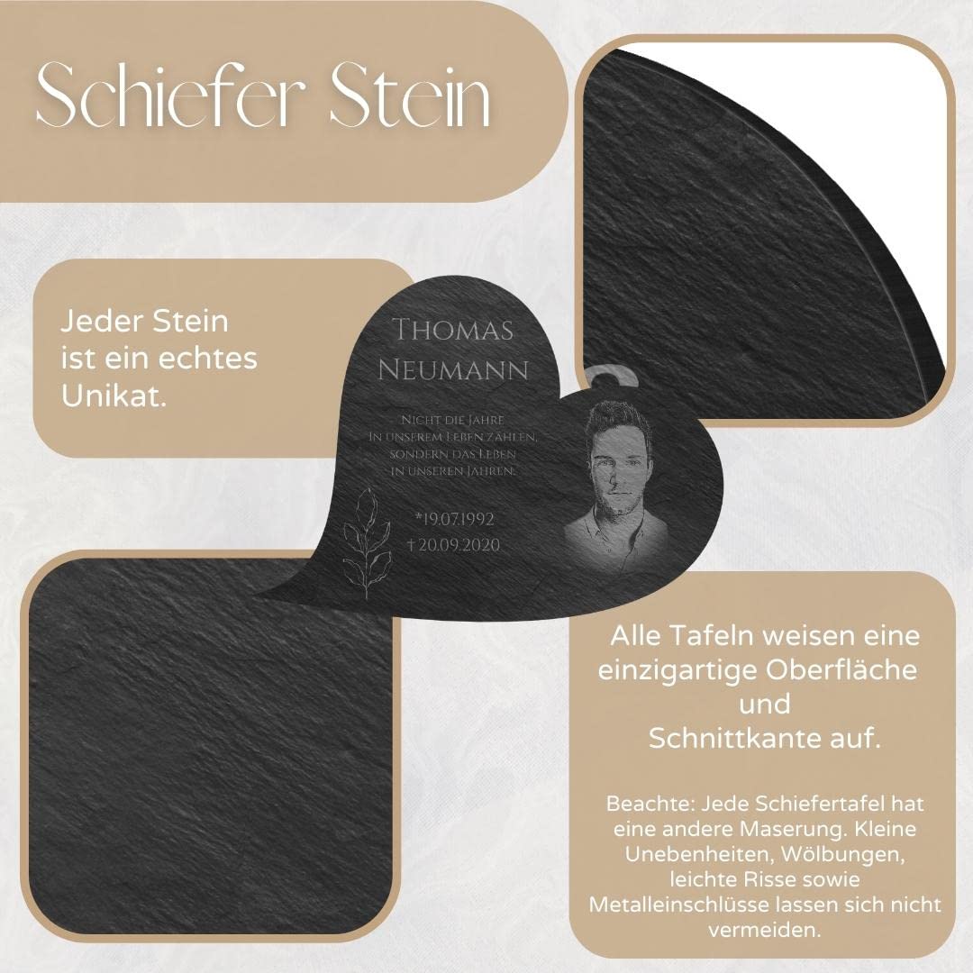 Grabstein Herz aus Schiefer mit Gravur - kleine Grabplatte in Herzform mit Foto & vielen Motiven - ab 18x13 cm - Grabdeko wetterfest imprägniert für Urnengrab - personalisierter Grabschmuck