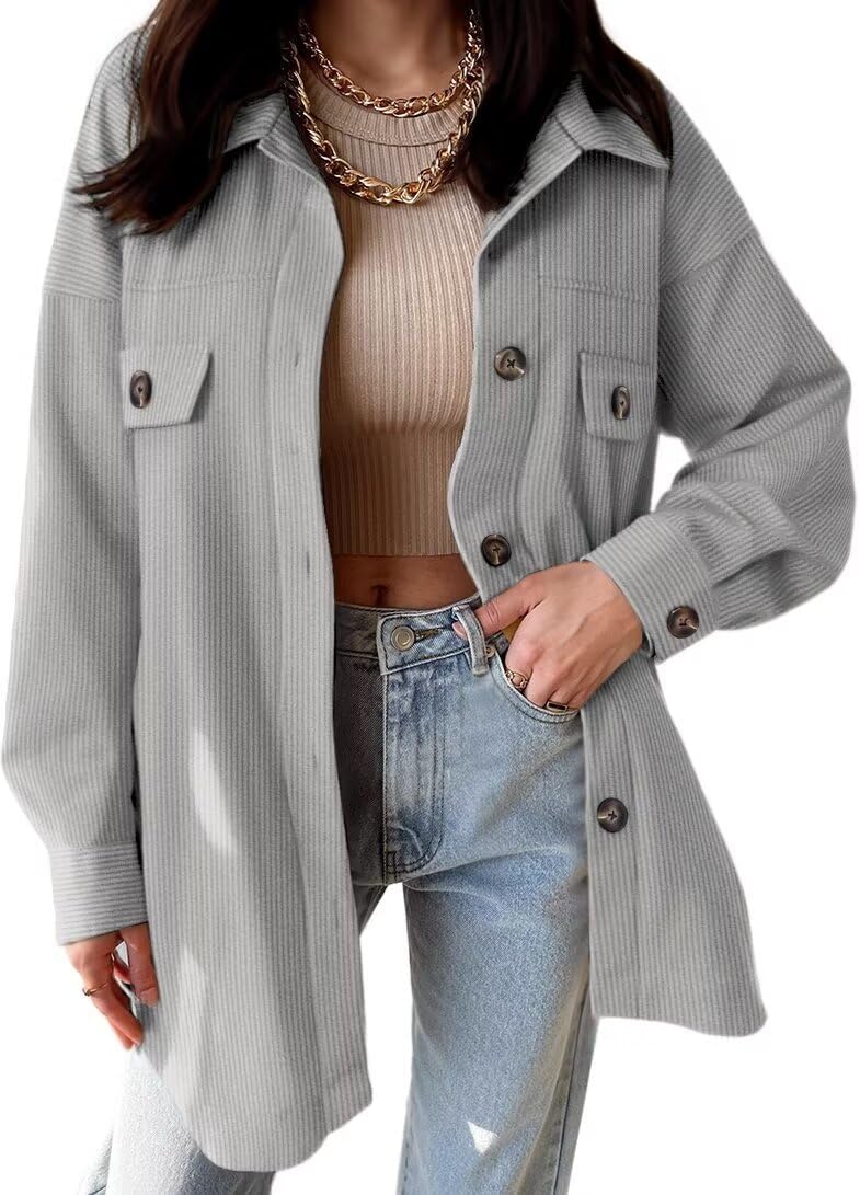 VICHYIE Womens Corduroy Shacket Blouses Button Down Shirts Pocket Long Sleeves Tops Jacket Coats Large Light Grey