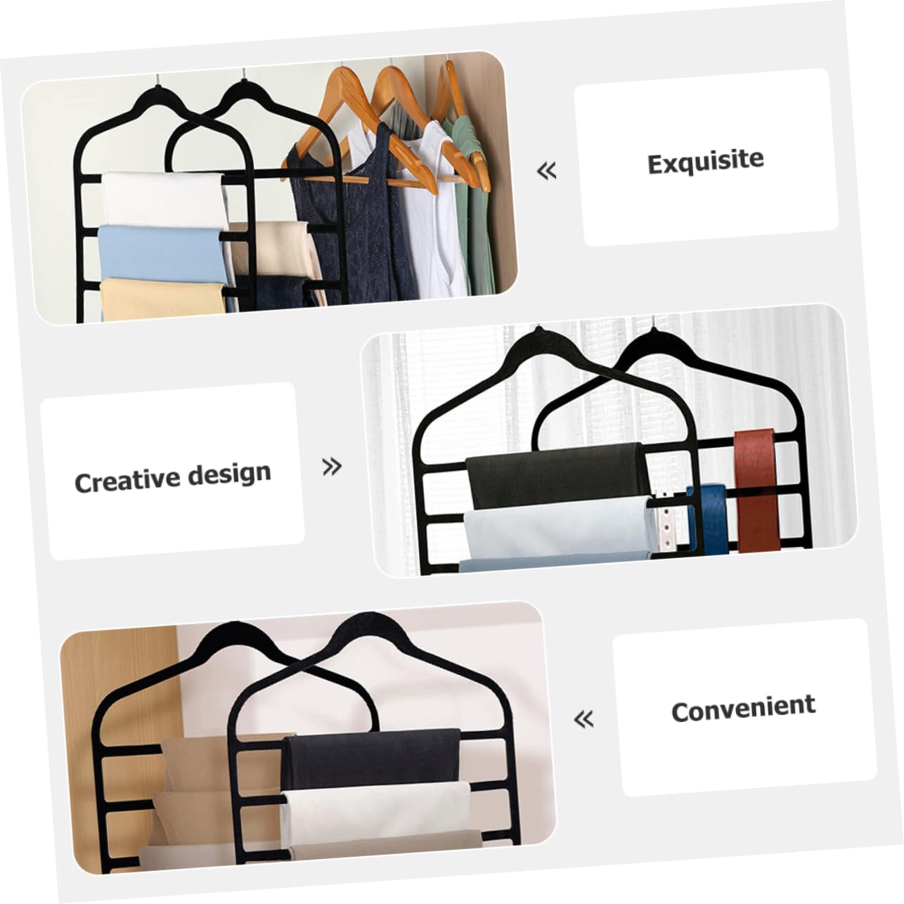 Perchas para Pantalones Multicapa Antideslizantes Negras, 4 Compartimentos, Perchas de Ropa de Terciopelo, Ahorro de Espacio para Armario y Dormitorio, Set de 5 Unidades