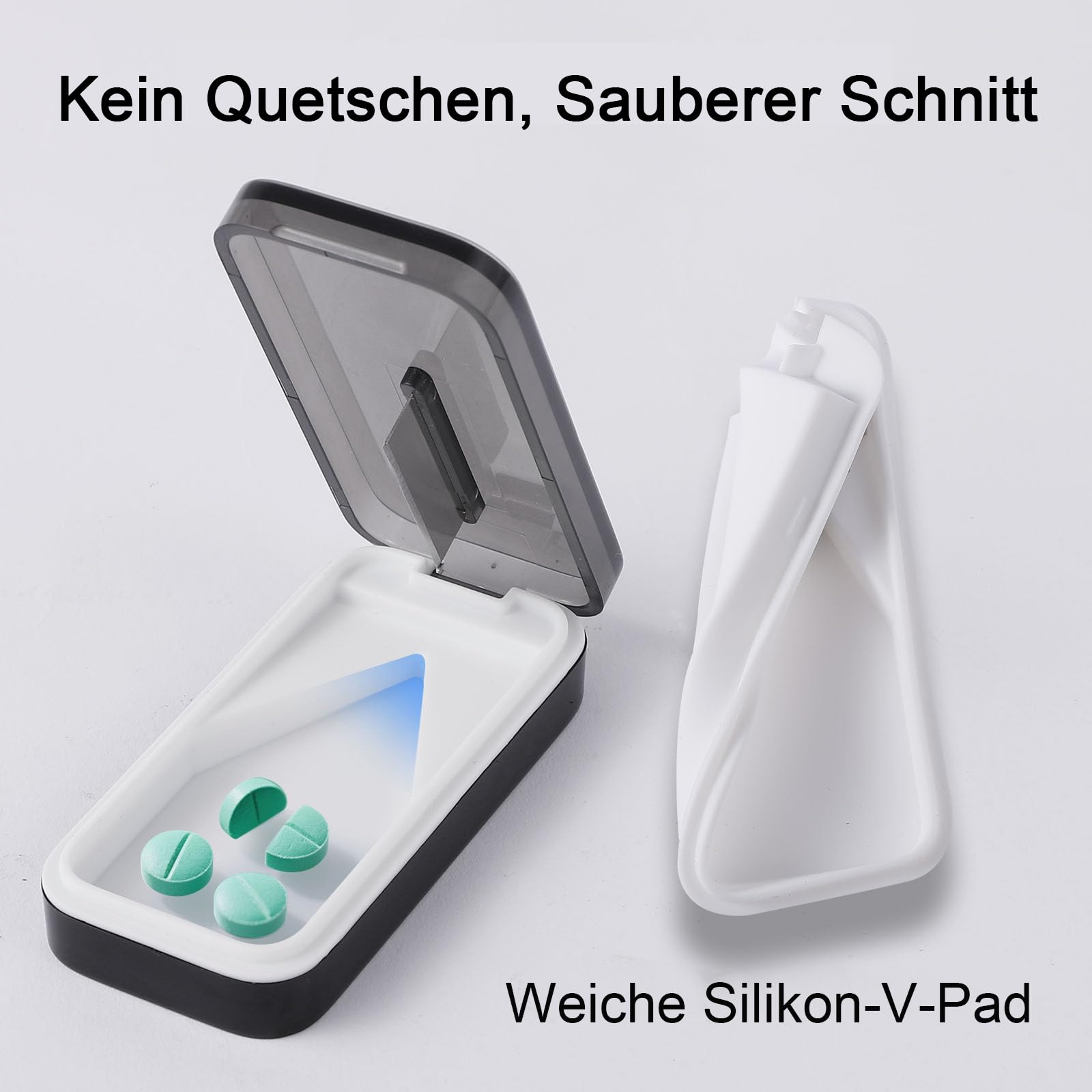 BUG HULL Tablettenteiler mit V-förmigem Abnehmbarer Silikonmatte, Tablettenteiler für Alle Tabletten, Tablettenschneider mit Scharfer Klinge, Pillenschneider Kleine Tabletten_Dunkelgrau