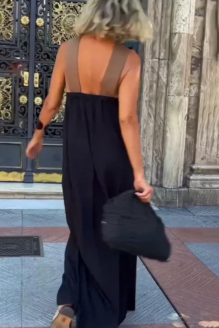 Generico Maxi Abito da Donna in Lino e Cotone con Scollo all'Americana a Contrasto; Abito Lungo in Lino e Cotone, Modello Boho Ampio e Fluido, Senza Maniche, con Incrocio sulla