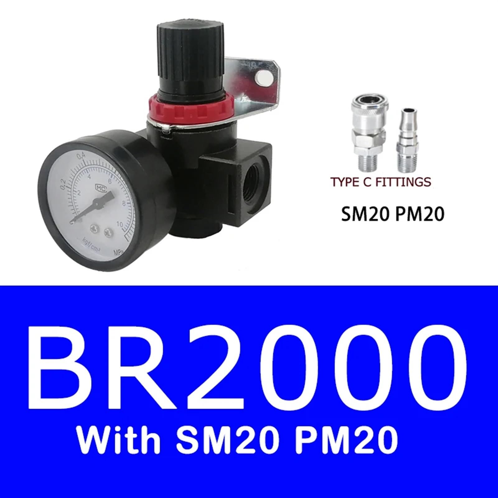 1 Uds BR200 BR3000 BR4000 regulador de presión de aire 1/4 "3/8" 1/2 "BSPT con manómetro y válvula de alivio de presión de soporte (Color : BR2000 SM20PM20)