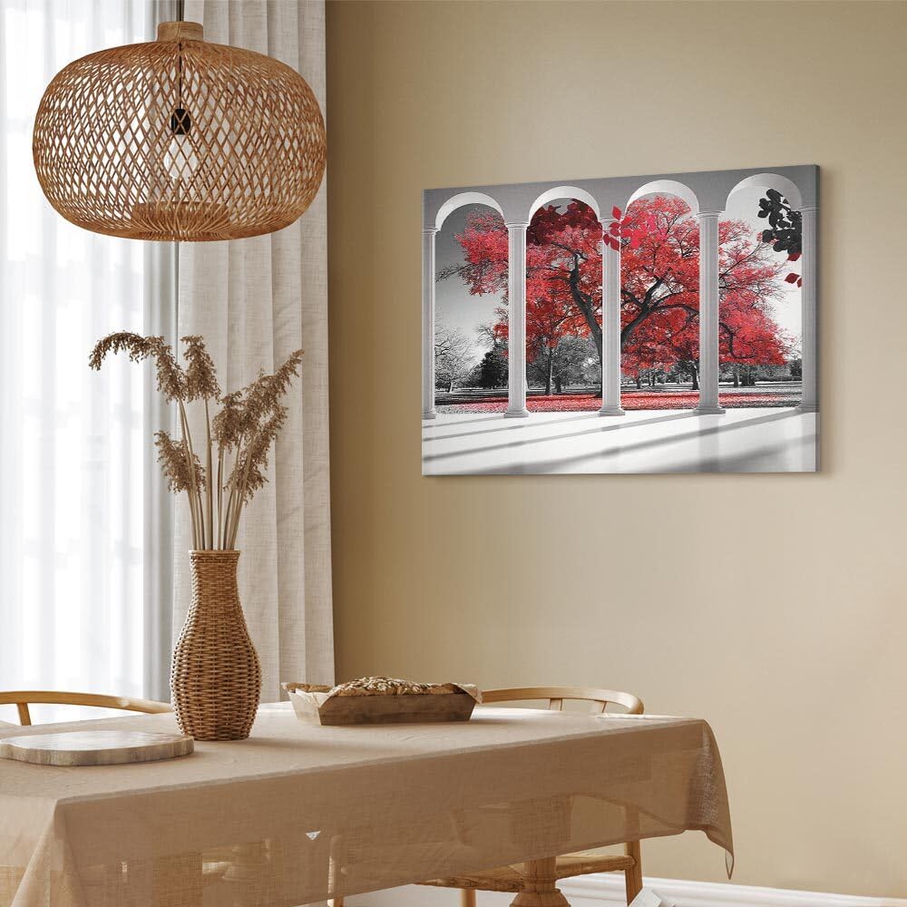 decomonkey Quadri Moderni Soggiorno Finestra Albero, 1 pezzo, 120x80 cm | Tela strutturata su telaio in legno, decorazione da parete, autunno, collona, natura, paesaggio, bianco, nero, rosso