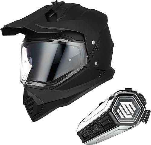 ILM Casco de motocicleta Dual Sport Adventure con Pinlock (negro mate, L) y auriculares Bluetooth con sistema de alta fidelidad
