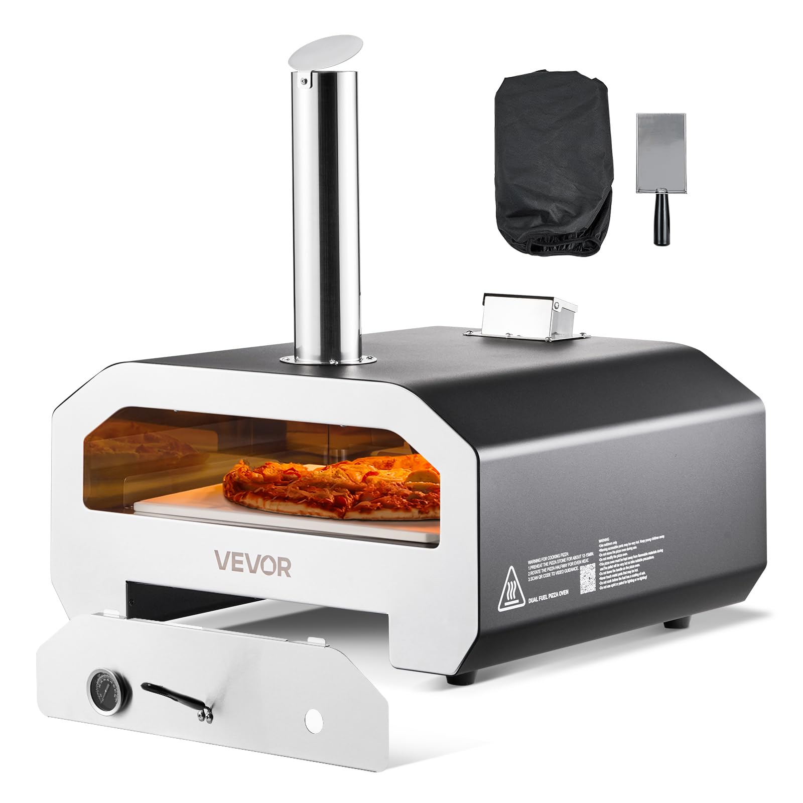 VEVOR Forno per Pizza a Doppio Combustibile da Esterno, a Legna e a Gas Propano da ca. 406 mm, Macchina per Pizza, con Termometro, Dpray di Ferro Portatile, per Campeggio all'Aperto e Cortile