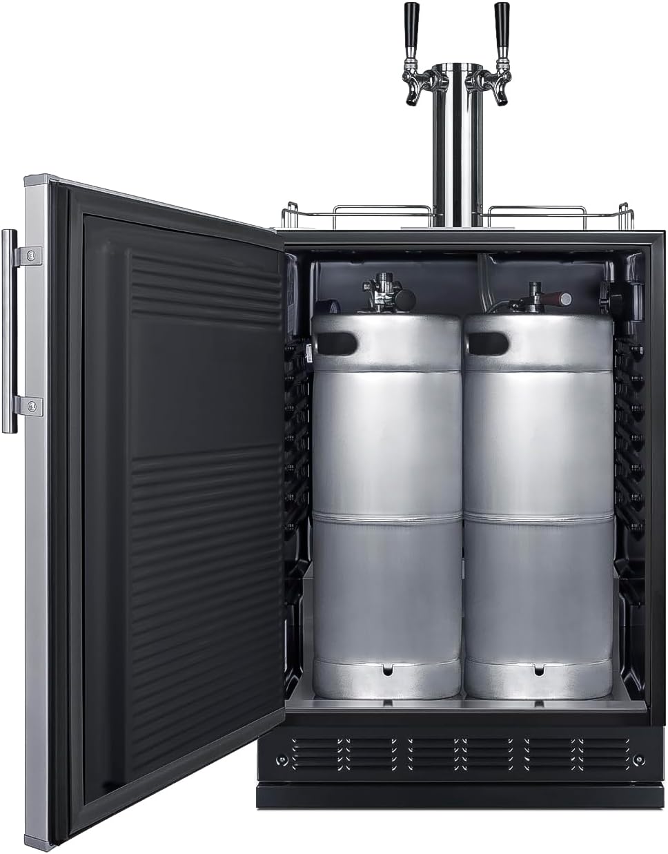 Interior view of the kegerator with two wine kegs and the tap tower installed