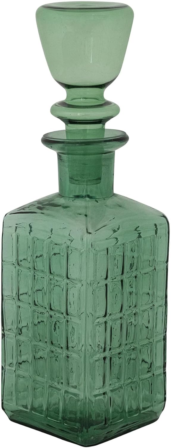 Creative Co-Op 28 oz. Square Embossed Glass Decanter with Stopper, Dark Green
