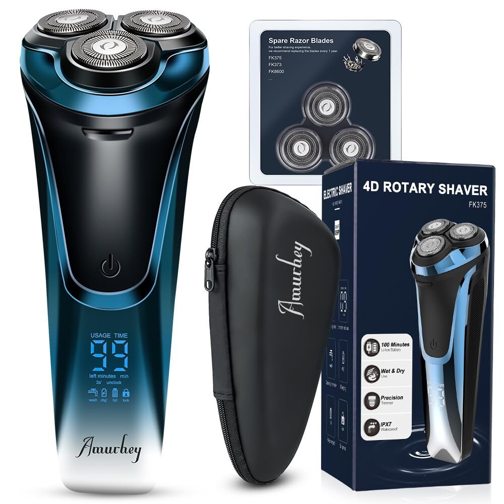 Rasoio Elettrico Wet & Dry a 3 Lame di Ricambio, Rasoio Elettrico Barba Uomo Ricaricabile Rasoio Barba Impermeabile Display LED, Lame Flessibili, Custodia da Viaggio