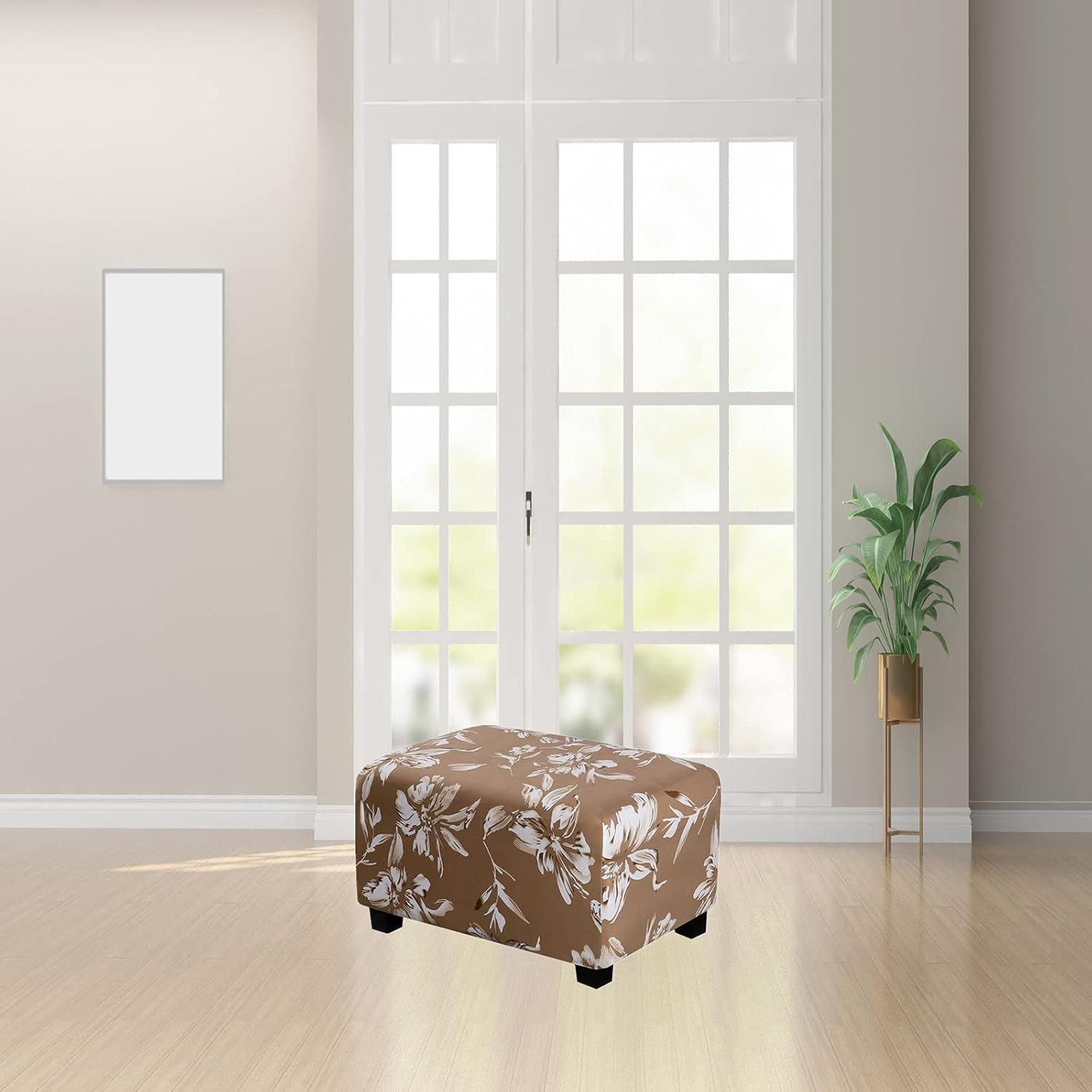 Rectangle Ottoman Cover – Stretchable Slipcover with Lily Flower Print, Non-Slip Fabric for Footstool, Pouf, or Bench Machine Washable (Camel, Large)