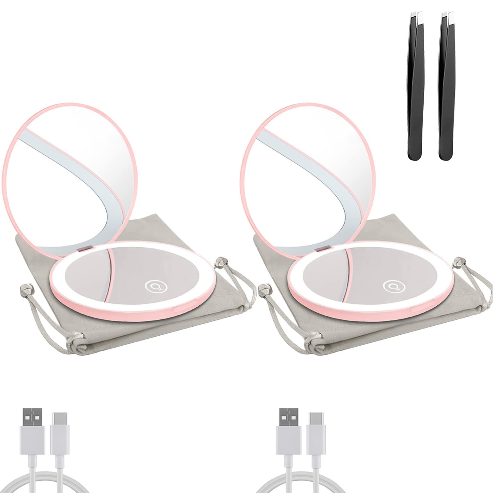 2PC Specchio compatto con luce a LED, 1x/10x ingrandimento specchio ricaricabile, dimmerabile da viaggio per borsa, tasca, specchio da trucco a 2 lati (rosa)