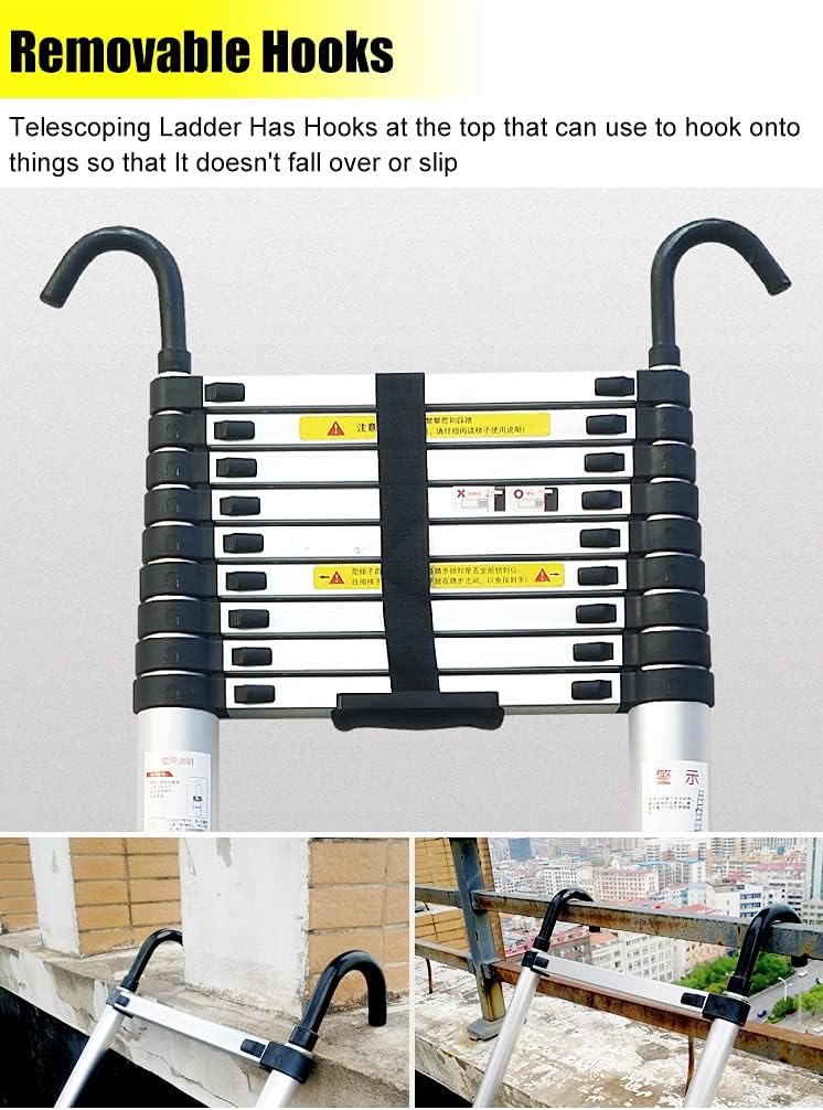 Telescopic Ladder Telescopic Ladders Multi-Purpose Extendable Ladder Telescopic Ladder 8m/ 7m/ 6m Telescoping Ladder with Hook, Stabilizer Bar and Wheels, Aluminum Telescopic Extension Ladde
