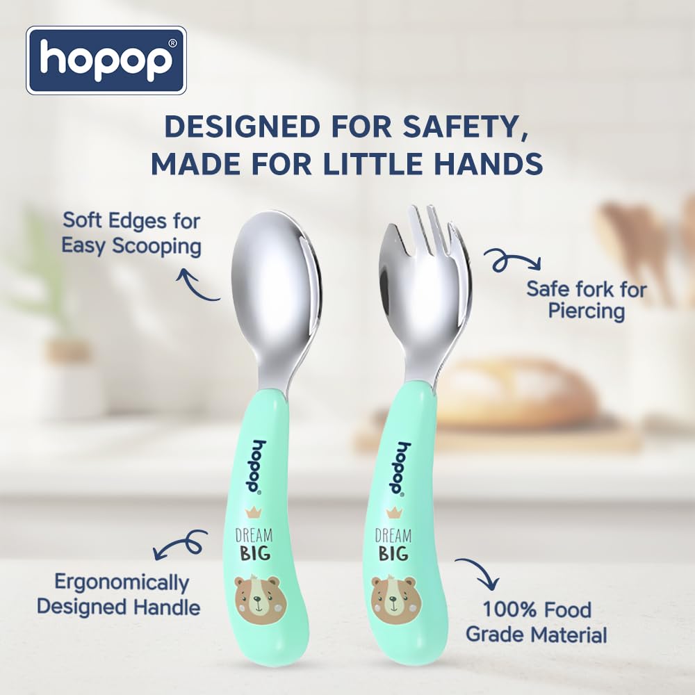Hopop Stainless Steel Baby Feeding Spoon and Fork Set | Baby Cutlery Set | Self Feeding Spoon & Fork Set with Travel Case for Kids | BPA Free | Green 1