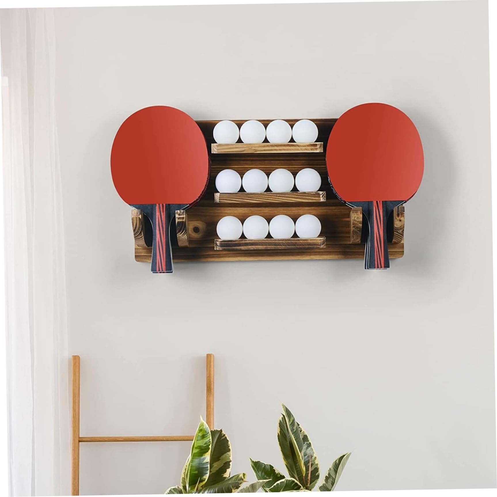 Soporte para paletas de ping-pong, estante de tenis de mesa montado en la pared, capacidad para 6 paletas y 12 pelotas, madera