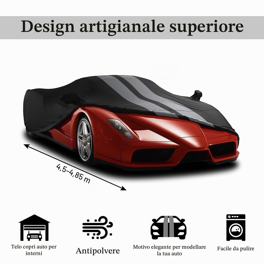 Interno Copertura per Auto Sportive, con Cappuccio Pieno Protezione, Tessuto Elastico in Velluto Morbido, Traspiranti per il Garage/Auto Show/Mostra, L4.5~4.85m, Stried Grigio+Nero
