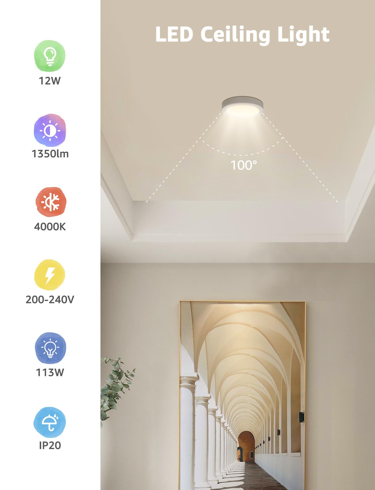 Aigostar Plafón LED Techo 12W 1350LM Lámpara de Techo LED Luz natural 4000K para Cocina Sala de Estar Dormitorio Pasillo 174 * 35Hmm, 2pcs