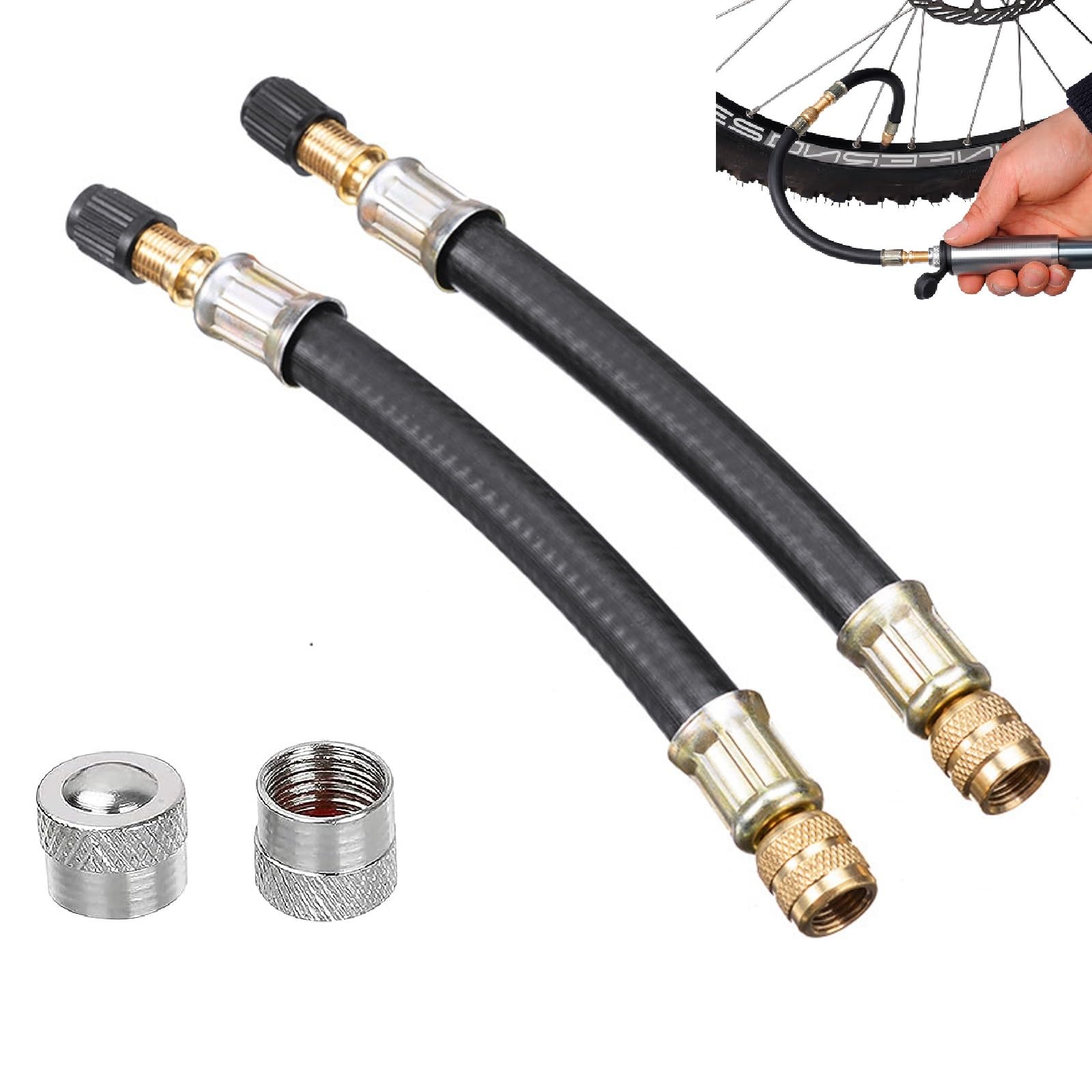 Rozszerzenie zaworu,Adapter przedłużający zawór opony,180mm elastyczny zawór opony,2szt Przedłużacz zaworu trzpienia z 2 wtyczkami zaworu do samochodu,Moto,Rower