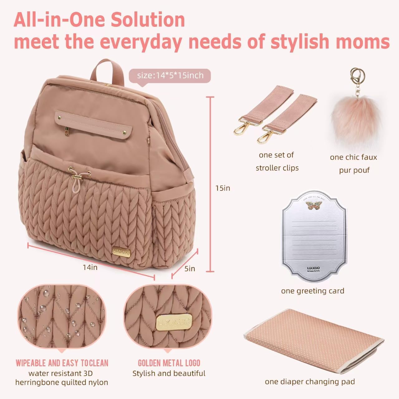 Amanda Lightweigt Diaper Bag Backpack For Mom, Large Opening Travel Essentials Baby Bag, Multi Function Diaper Bag with with Changing Pad,Stroller Clips, Perfect Baby Shower Gifts(Dusty Rose)