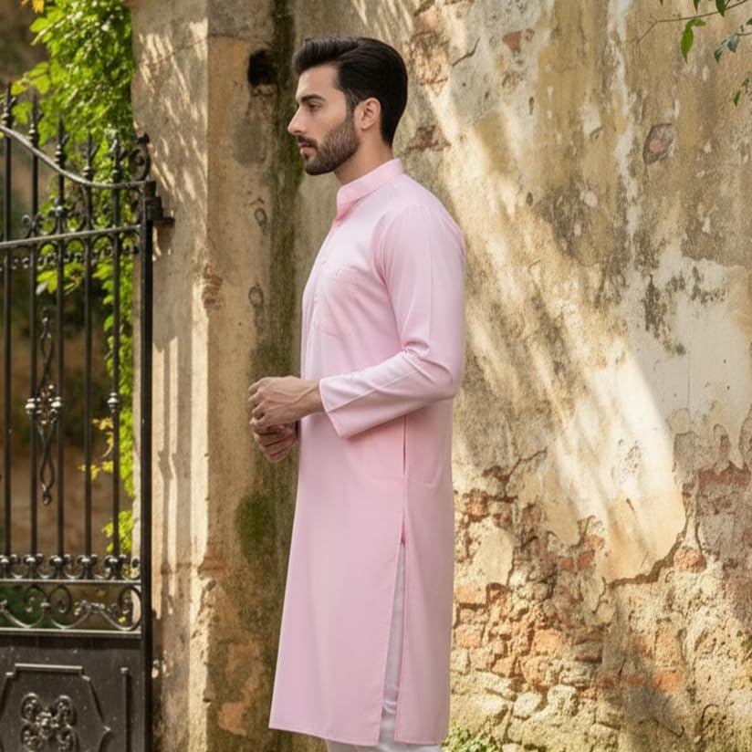 Image of Men's Cotton Blend Blend Knee Length Solid Color Style Stright Long Mandrin Collor Ethnic Casual Wear Kurta Only