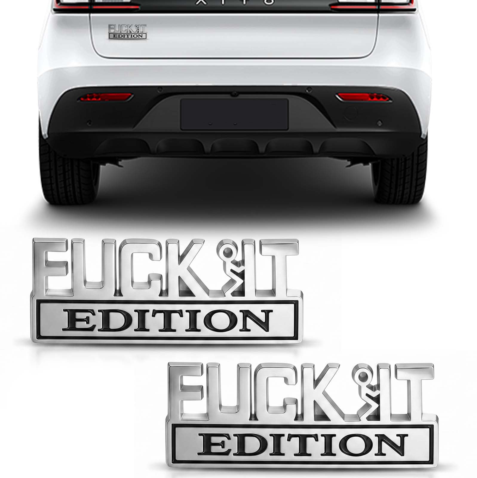 Fuck It Edition naklejki na samochód, 2 sztuki, samoprzylepne, 3D | Metalowa naklejka samochodowa 3D, zabawna, na tylną klapę, karoserię, tuning, srebrno-czarna