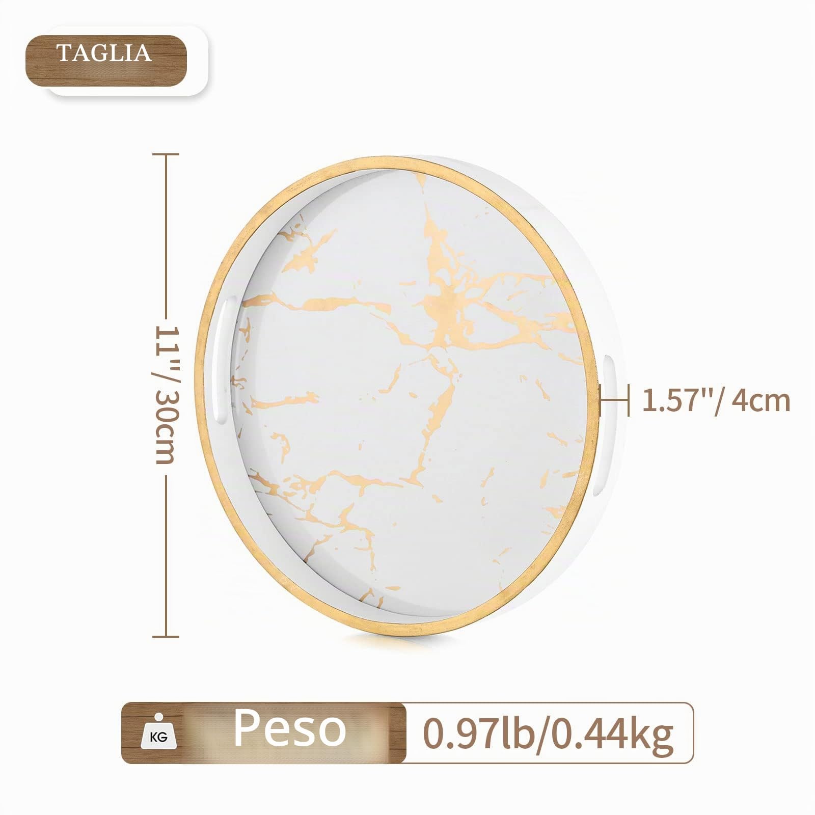 Hanobe Vassoio rotondo decorativo da caffè: vassoio circolare con manici, motivo marmo, vassoio per tavolino da caffè, per soggiorno, bar, bevande, feste, casa, cucina, bianco | Bordo dorato e ampio bordo rialzato, vassoio da 30 cm per esporre candele, pi