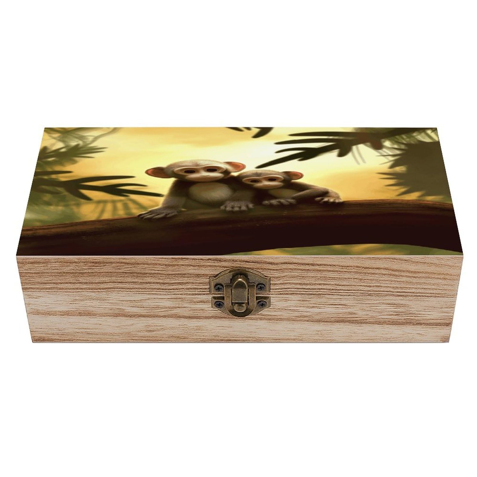 MUSM Cute Couple Monkey Wooden Storage Box Vintage Wood Box with Lid Exquisite Crafts DIY Wood Gift Boxes Fashion Jewelry Boxes Art Stash Keepsake Storage Case Large Jewelry Case