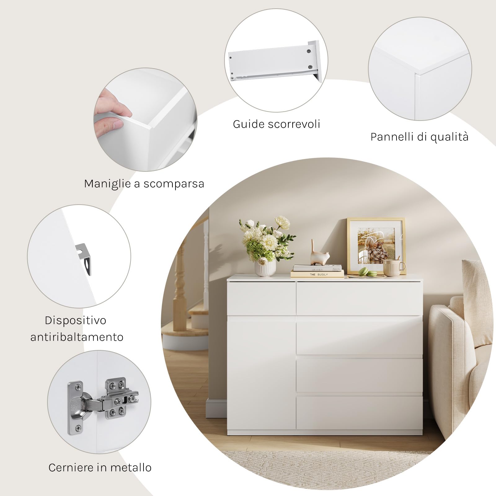 WOLTU Cassettiera Camera da Letto, Mobiletto Salvaspazio con 5 Cassetti e 1 Armadietto, Ripiano Regolabile, per Soggiorno, Ingresso, 100x40x80 cm, Bianco