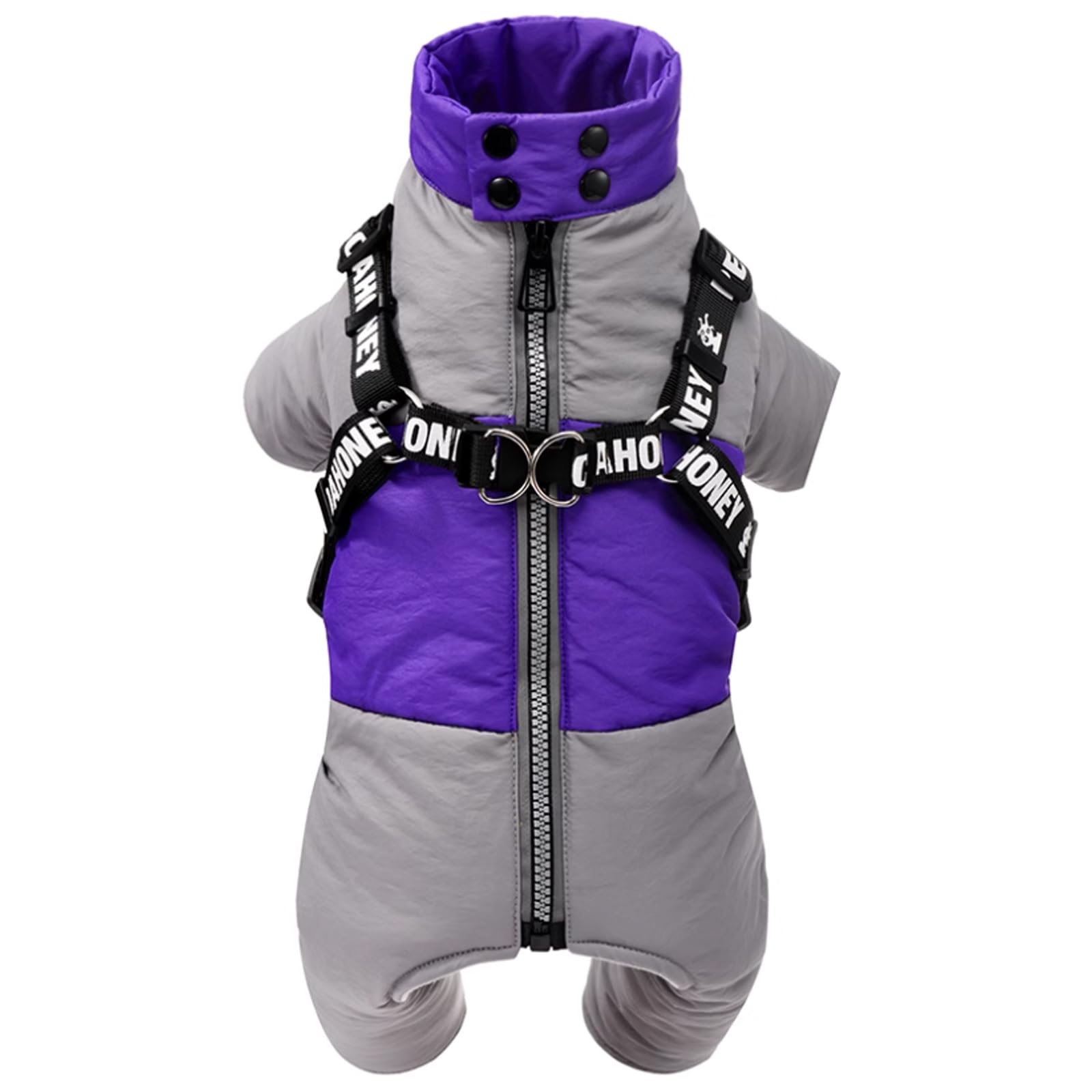 Perro Chaqueta De Invierno con Arnés, De Cuatro Patas Chaqueta De Invierno, Perro Abrigo De Invierno con Cremallera De Cuello Alto Cachorro Chaleco con D-Ring,Púrpura,S