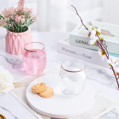 Miniatura 7 de SUT 32 copas de vino de plástico sin tallo, desechables, 12 onzas, transparentes, sin tallo, con borde de oro rosa, sin BPA, reciclables, perfectas