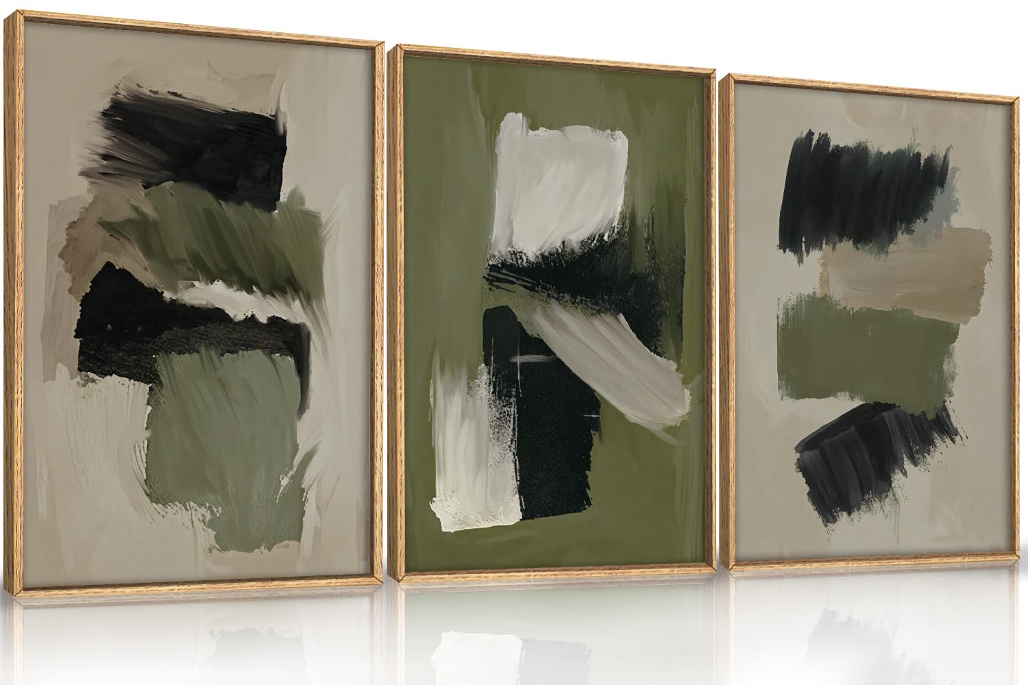 green abstract framed canvas wall art set, modern brush strokes wall decor,neutral tone minimalist green and black color block art print for living room,bedroom,dining room, office-16 x24 x3