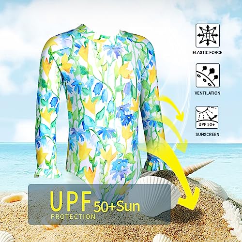 Image of Alakuoti Long Sleeve One Piece Ruffle Swimsuit for Toddler Girls Baby Girl Rashguard Shirt with UPF 50+ Sun Protection