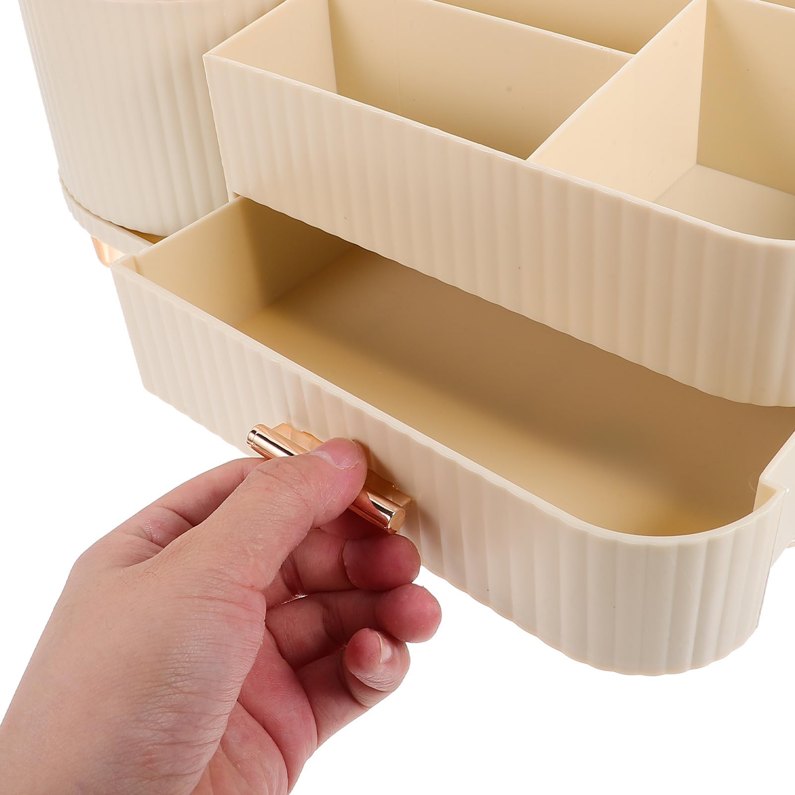 Soporte giratorio para brochas de maquillaje, organizador de maquillaje con compartimentos y práctico cajón, plástico beige, diseño elegante y elegante para almacenamiento de encimera de