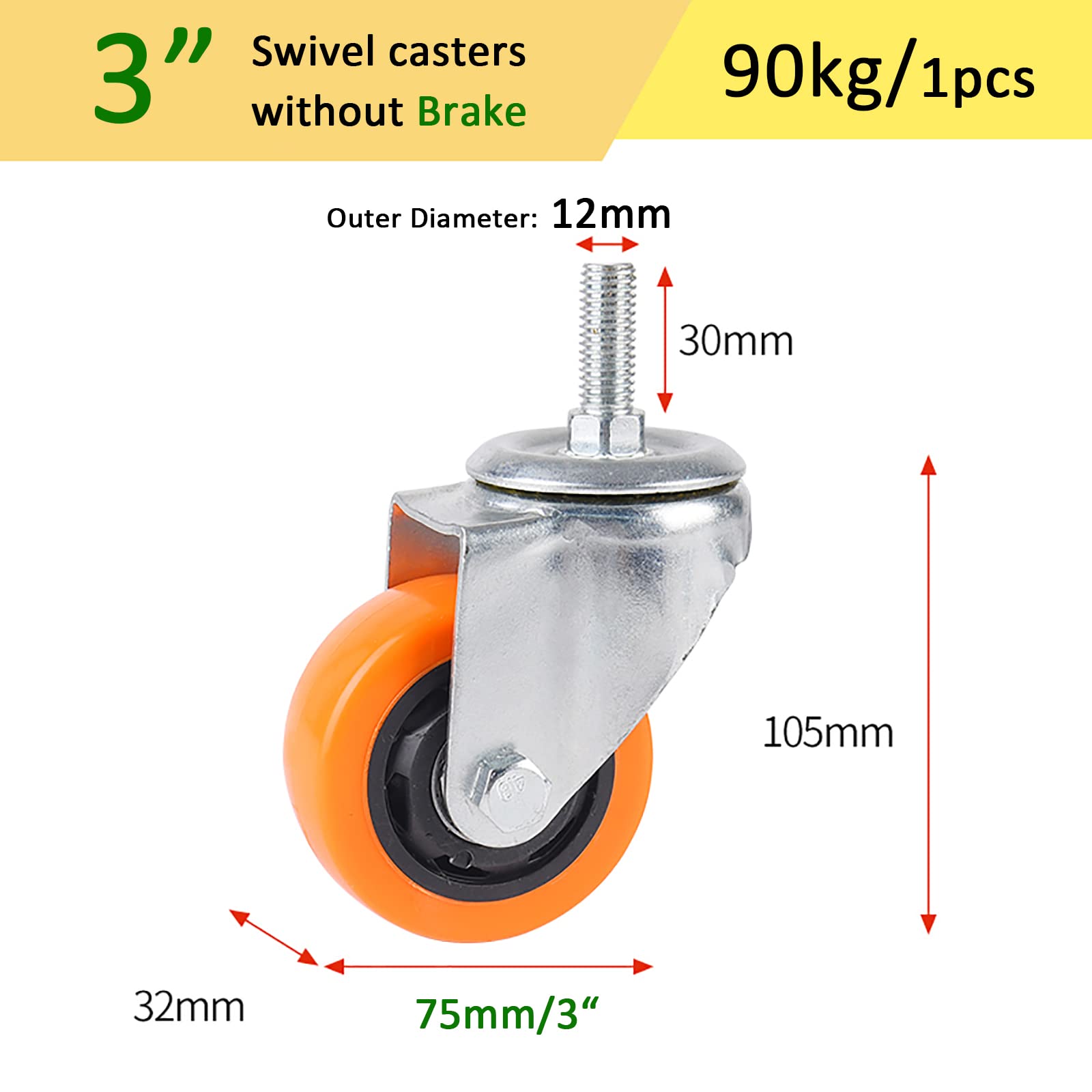 Wytrzymały wózek 75 mm z hamulcem, pręt gwintowany M12 x 30 mm, ciche kółka obrotowe do przenoszenia mebli, nośność 90 kg na koło, zestaw 4 kółek Trans