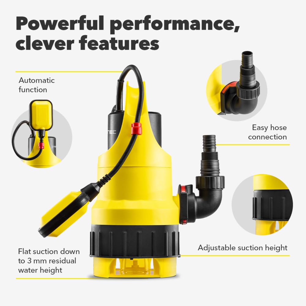 TROTEC Bomba sumergible TCW 900 – Bomba para agua clara/sucia – Caudal 15.000 l/h, potencia 900 vatios, profundidad de inmersión máx. 7 m, IPX8