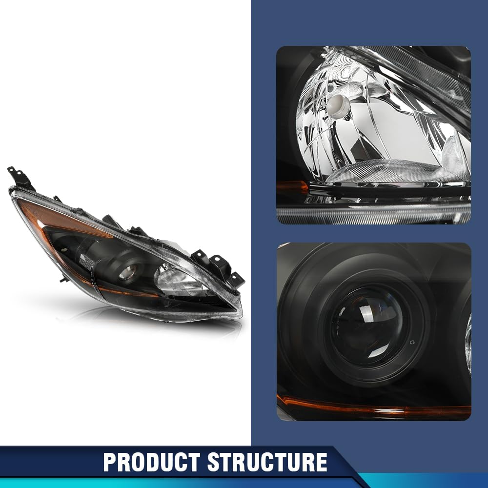 PIT66 Headlight Assembly Pair w/o Bulbs Compatible with Mazda 3 / Mazda 3 Sport 2010 2011 2012 2013 Front Halogen Headlamps Front Lights Clear Lens Black Housing Amber Reflector