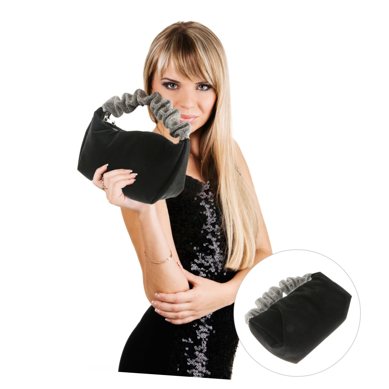 GALPADA Negro Bolso de Terciopelo de Imitación de Gemas Fiesta