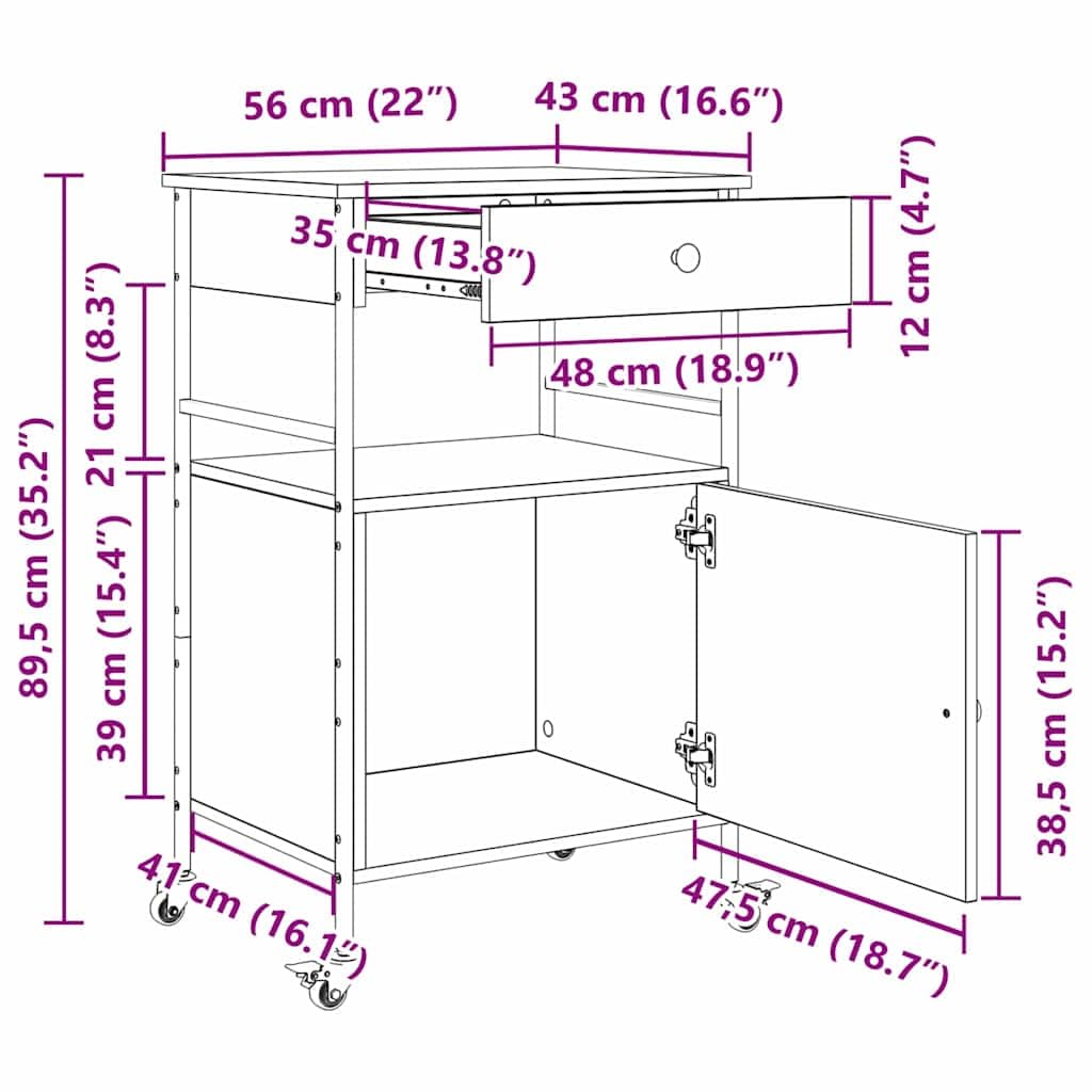 vidaXL Carro de Cocina Roble Artisan 56 x 43 x 89,5 cm | Un acabado suave que le da un toque de elegancia, Ideal para servir comida o guardar cosas,