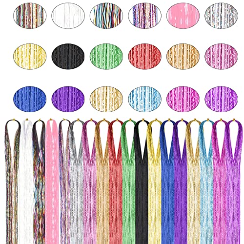 18 Farben Haar Lametta Extensions, 3600 Strähne Haar Lametta Stränge, 120 cm Glitzer Strähnen Haare, Multi-Farben Haarverlängerungs Extensions Für Frauen Mädchen Weihnachten Party Cover