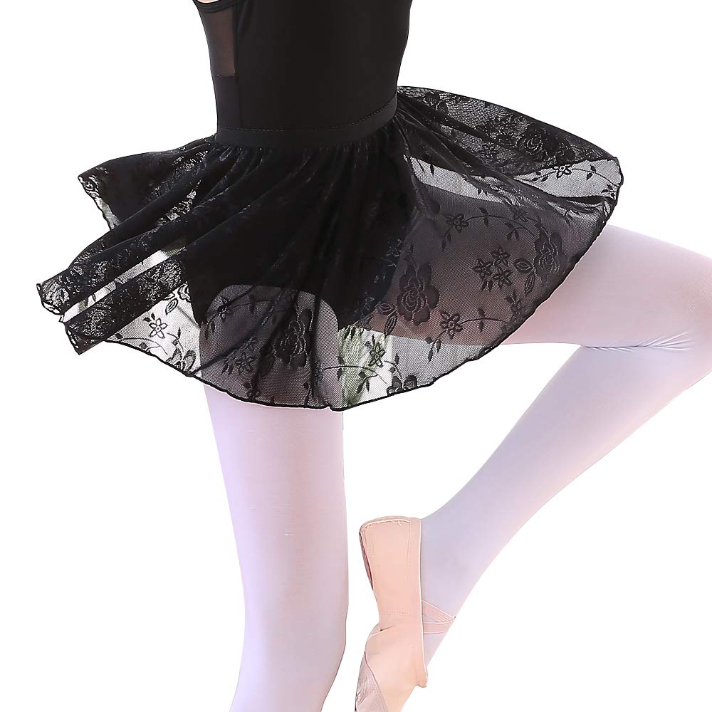 Soudittur Girls Ballet Skirt Black Lace Dance Costumes Skirts Pull On (Height: 57”-65”)