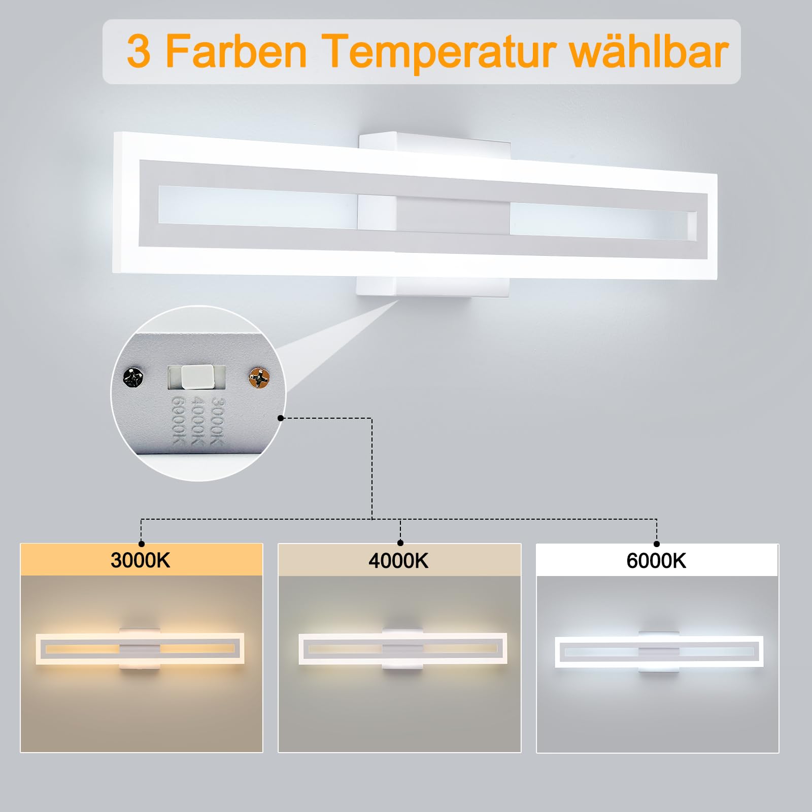 LED Spiegellampe Bad Wandbeleuchtung, 60 cm 20W moderne Wandleuchte, 3 Farbtemperaturen, lineare Wandleuchte für Badezimmer, Schlafzimmer, Flur, Weiß