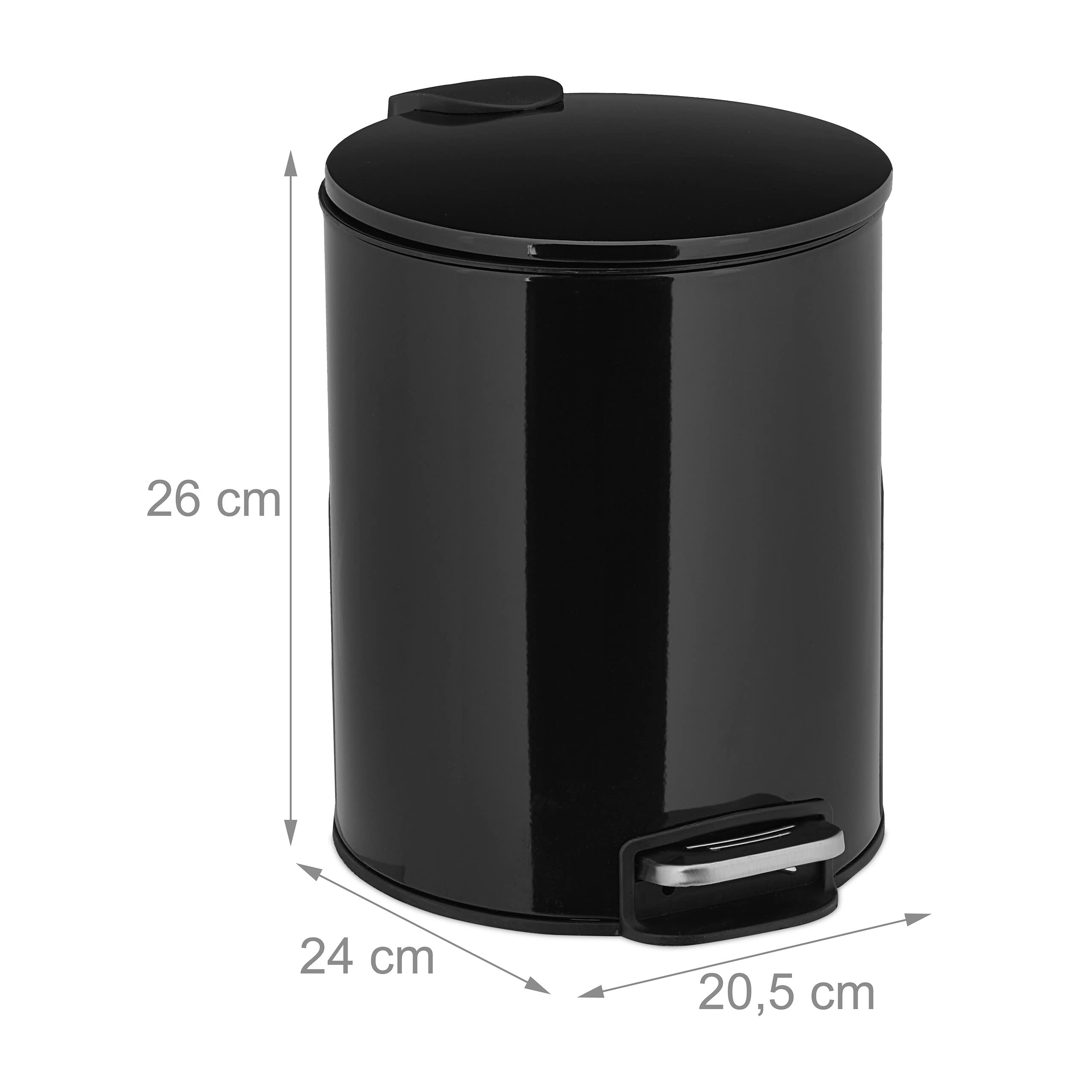 Relaxdays Cubo Basura, 5 litros, Mecanismo Automático, Bote Interior Extraíble, Papelera Baño, Metal, con Pedal, Negro