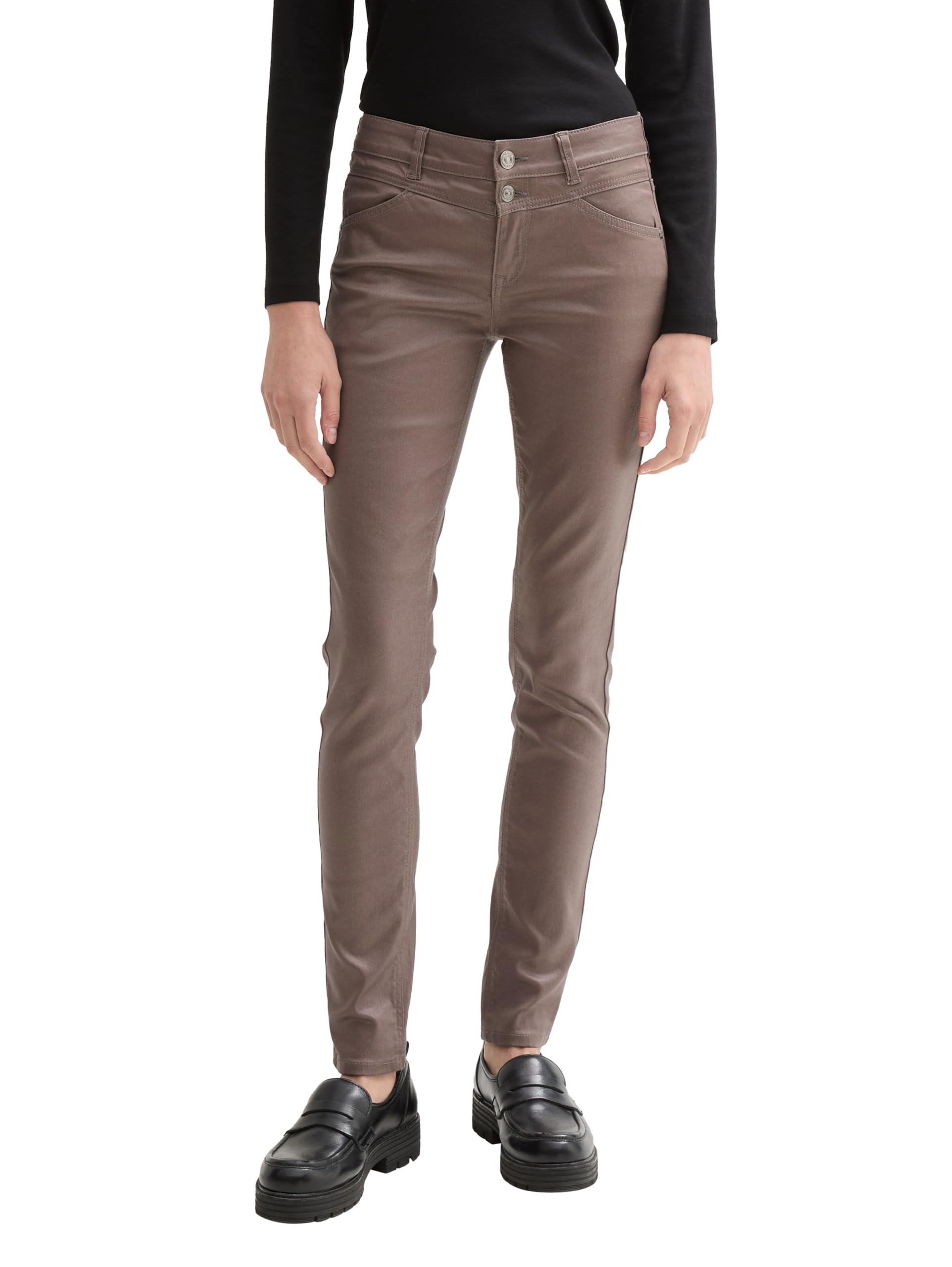 Tom Tailor Damen Coated Alexa Skinny Jeans in Leder-Optik mit Doppelknopf 1044687