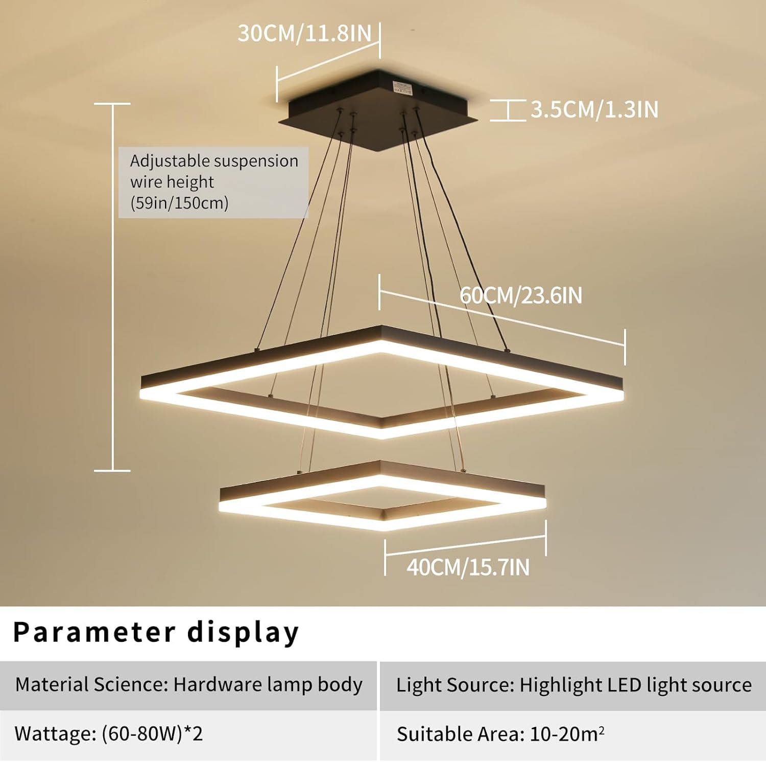Modern LED Chandelier, 2-Light Black Ceiling Square Chandelier for Dining Room Light Fixtures Hanging Color Temperature and Height Adjustable Chandeliers for Living Room, Bedroom, Kitchen 15.7+23.6IN