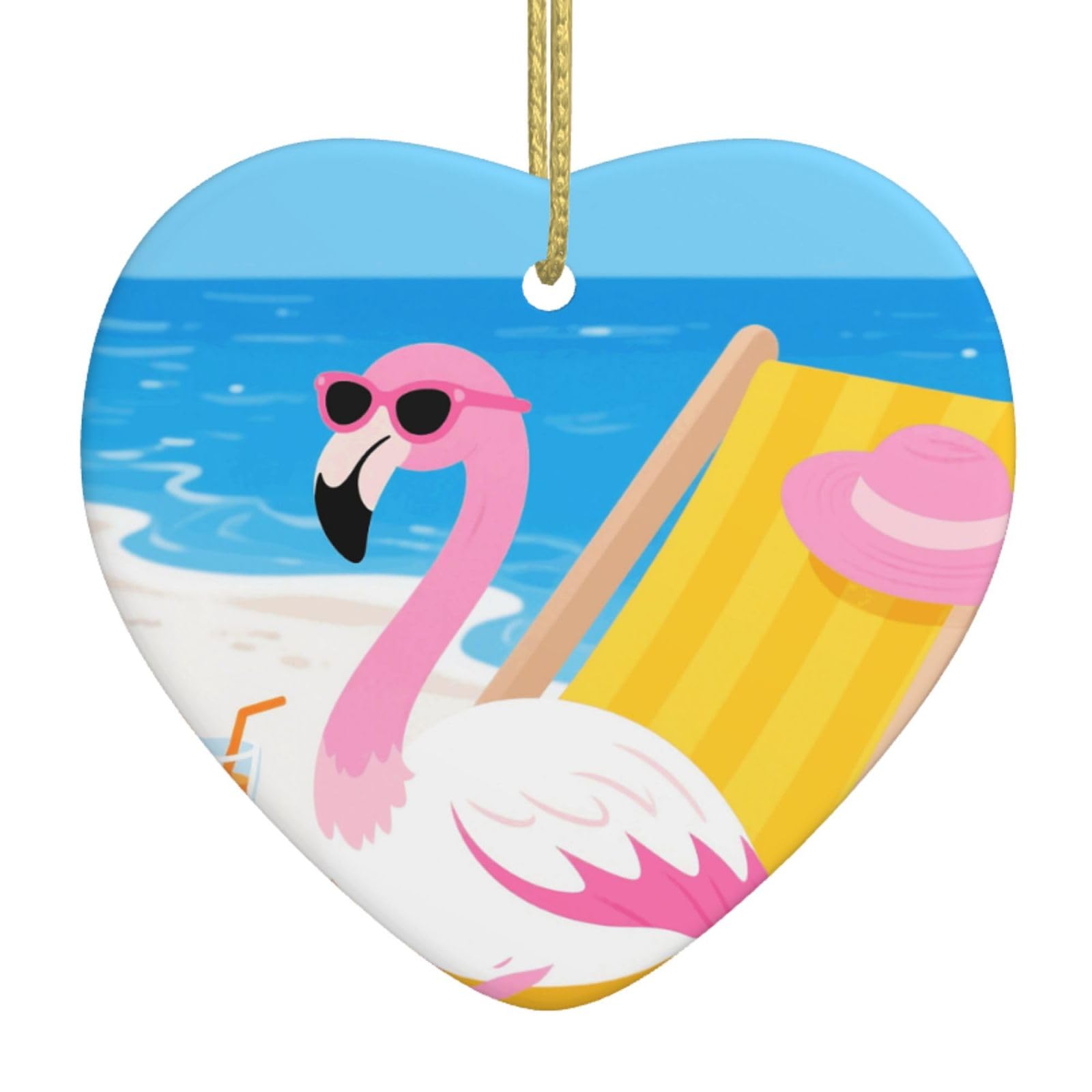 Tropical Flamingo Cartoon Christmas Ornament 2025 Heart Ceramic Hanging Ornaments for Home Decor Christmas Decorations with Gold Rope Double-Sided Xmas Tree Ceramic Hanging for Holiday Party