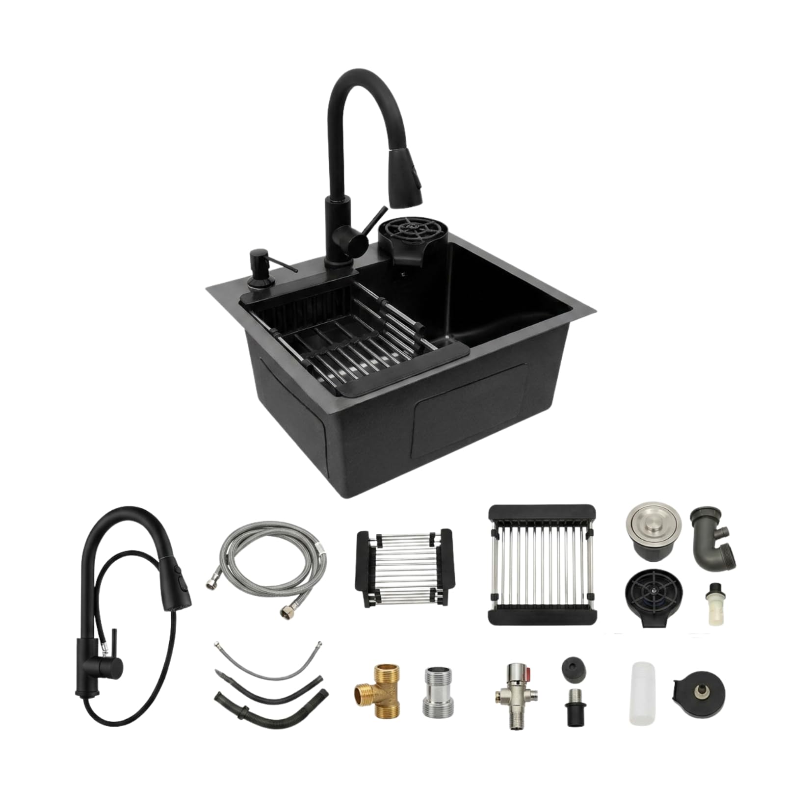 Fregadero Negro 1 Seno 40x45cm Fregadero Cocina Acero Inoxidable con Nano Recubrimiento, Grifo Extensible 360° y Enjuagador de Tazas - Fregadero Multifuncional con Dispensador de Jabón 300ml