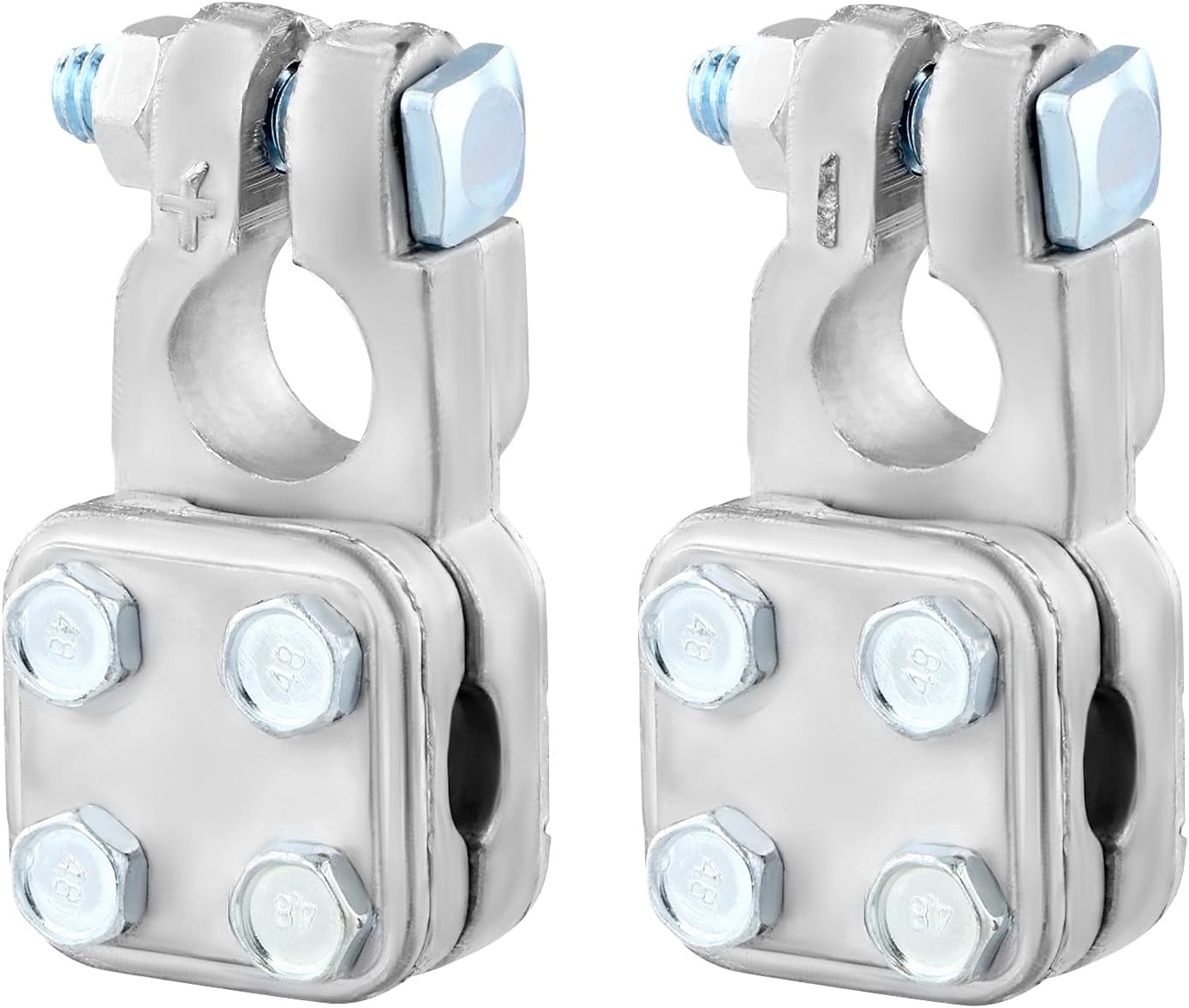 QWORK No-Crimp Three-Way Battery Terminal for Positive & Negative Connection - Versatile Cable Entry, Fits 2-4/0 Ga Wire, Easy Installation, 1 Pair (+,-)