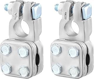 QWORK No-Crimp Three-Way Battery Terminal for Positive & Negative Connection - Versatile Cable Entry, Fits 2-4/0 Ga Wire, Easy Installation, 1 Pair (+,-)